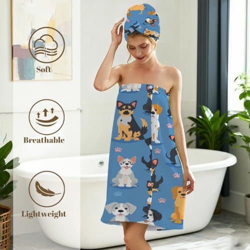 Cute Dogs Breeds Microfiber Bathrobe and Hair Towel Wrap Set for Women Quick Dry Shower Towels Wrap Absorbent Soft Bath Robe and Hair Drying Cap for Spa After Shower