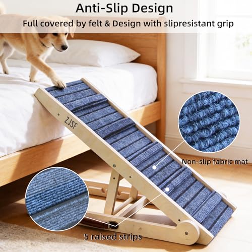 ZJSF Foldable Dog Ramp for High Bed, 32" L | Wooden Dog Stairs, for Small and Large Dogs, High Traction Platform, 4 Adjustable Heights (14.7"-20"), Supports up to 200 lbs - size: 32"L X 13.5"W