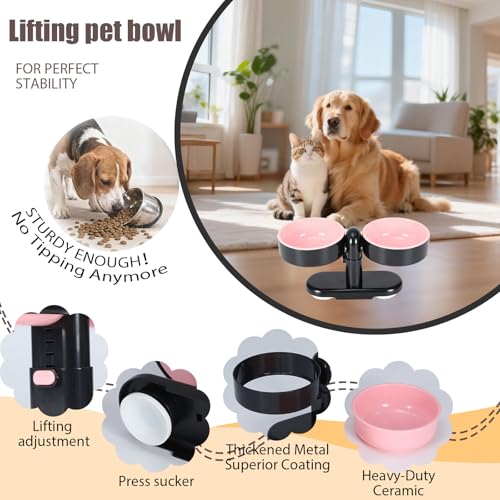 Elevated Cat Bowls, Raised Cat Food and Water Bowl Set with Removable Double Dishes, Adjustable Tilt Stand, Suction Cup Base, Dishwasher Safe Pet Feeder for Cats, Kittens, Small Dogs, Pink