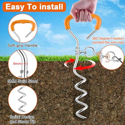 LANNEY Dog Tie Out Cable and Stake, 30ft Leash Chain Lead with Swivel Hook and Shock Spring for Yard Outside Camping, 16 inch Heavy Duty Spiral Ground Stake for Medium Large Dogs Up to 125 Lbs