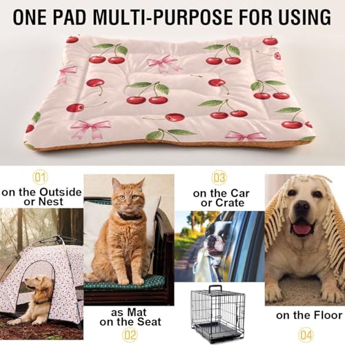Cherry Bow Pattern Pet Bed Mat for Dogs and Cats, Soft Washable Crate Pad with Non-Slip Bottom, Cozy Bed Cushion for Small Medium Large Pets, 24x36 Inch - size: Medium