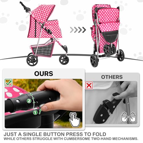 MoNiBloom 3 Wheels Pet Dog Cat Stroller for Small Medium Dogs Cats, Foldable Jogger Stroller w/Storage Basket and Cup Holder, Hot Pink Polka Dots - color: Hot Pink Polka Dots
