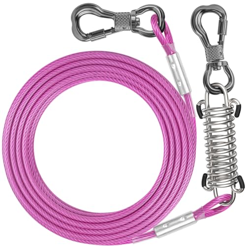 120FT Dog Tie Out Cable Lead with Shock Spring for Medium Large Dogs | Shock-Absorbing; 500LBS Tensile Strength; Strong Stainless Steel Core; 360° Swivel Locking Hook; Anti-Rust Vinyl Coating - color: Pink, size: 120FT