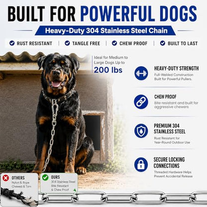 25ft Heavy Duty Dog Tie-Out Chain for Outside - Chew Proof Metal Leash with Strong Hook and Lockable Snap, Outdoor Dog Runner Lead for Small Medium Large Dogs up to 200lbs for Yard