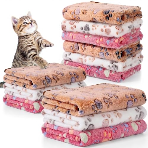 Tegeme 12 Pcs Pet Blankets 30 x 20 Inch Soft Fluffy Fleece Dog Cat Warm Paw Print Pattern Blankets Flannel Throw for Pets Dog Puppy Cat(Pink,Beige,Camel) - color: Pink, size: 30 x 20 Inch