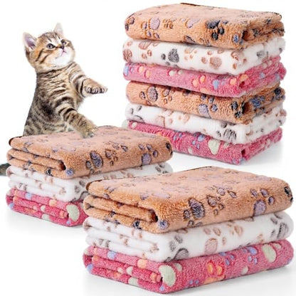 Tegeme 12 Pcs Pet Blankets 30 x 20 Inch Soft Fluffy Fleece Dog Cat Warm Paw Print Pattern Blankets Flannel Throw for Pets Dog Puppy Cat(Pink,Beige,Camel) - color: Pink, size: 30 x 20 Inch