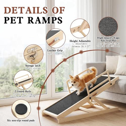 Dog Ramp for Bed Couch, 47" Long Pet Steps for Small Medium Dogs | 6 Heights 20.3"-27", Holds 200 lbs, Foldable, 2 Safety Side Rails, For Older/Injured Pets, Solid Wood, Anti-slip Yoga Mat - size: 47"L x 16"W x 3.3"H