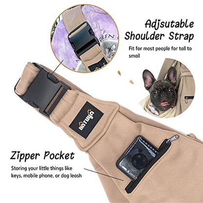 NATUYA Dog Sling Puppy Carrier for Small Dogs Hand Free Doggie Walking Bag Adjustable Shoulder Strap Zip Pocket Safety Belt Protective Mesh Pet Carrier for Travel Outdoor Subway, Khaki - color: Khaki