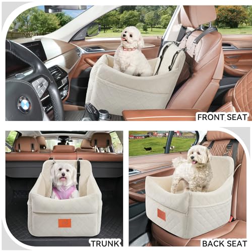 GL GLENSLAVE Dog Car Seat for Small/Medium Dogs, Dog Booster Car Seats with Thick Cushion for Dogs Under 35lbs, Detachable Washable Pet Carseat with Storage Pockets, 2 Safety Belts(Beige) - color: Beige