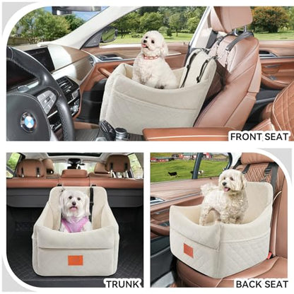 GL GLENSLAVE Dog Car Seat for Small/Medium Dogs, Dog Booster Car Seats with Thick Cushion for Dogs Under 35lbs, Detachable Washable Pet Carseat with Storage Pockets, 2 Safety Belts(Beige) - color: Beige