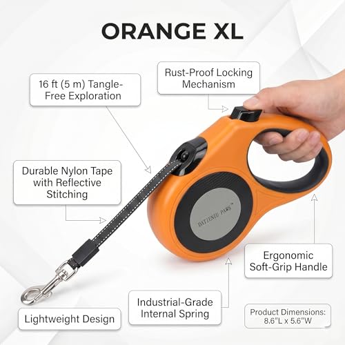 XL 16FT Retractable Dog Leash for Large Dog up to 120 lbs, Chew Proof Steel Wire Extender, One-Hand Brake & Lock, Tangle-Free Heavy Duty Walking Leash XL Orange - color: Orange