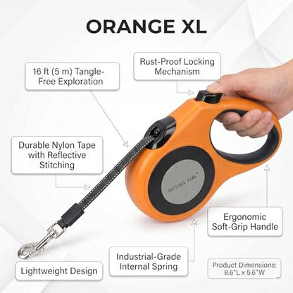 XL 16FT Retractable Dog Leash for Large Dog up to 120 lbs, Chew Proof Steel Wire Extender, One-Hand Brake & Lock, Tangle-Free Heavy Duty Walking Leash XL Orange - color: Orange