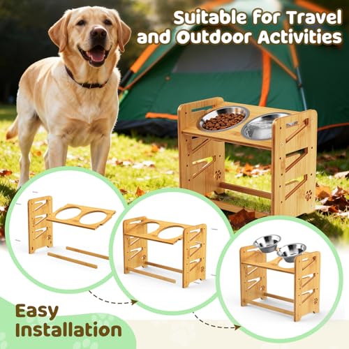 Elevated Dog Bowls, Adjustable Raised Dog Bowl Stand for Large and Medium Pet, 15" High Bamboo Pet Food Feeder with 2 Stainless Steel Dishes（6 Heights） - size: Large sized dogs