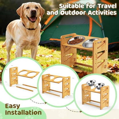 Elevated Dog Bowls, Adjustable Raised Dog Bowl Stand for Large and Medium Pet, 15" High Bamboo Pet Food Feeder with 2 Stainless Steel Dishes（6 Heights） - size: Large sized dogs