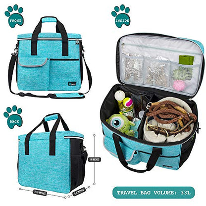 PetAmi Dog Travel Bag Organizer, Pet Travel Kit with 2 Food Containers & 2 Collapsible Dog Bowls, Pet Supplies Tote with Luggage Sleeve, Weekend Road Trip Camping Essentials, Teal Blue, Large - color: Sea Blue, size: Large - 15.5"L x 9.5"W x 14.0"H