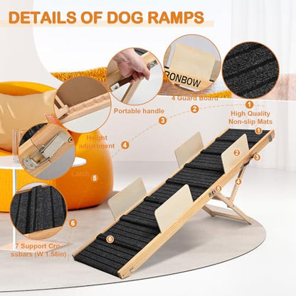 Upgraded Dog Ramp for Bed, Couch, Car, 63" Long Foldable Pet Ramp, Non-Slip Pad & Safety Baffle-6 Adjustable Height 12" to 30", Portable Stable Pet Steps for Small & Medium Old Dogs & Cats ﻿