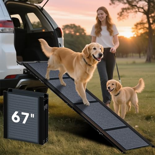 HBTower 67" Long & 17.3" Wide Folding Dog Ramp for Car, SUV & Truck – Portable Pet Ramp with Non-Slip Surface, Extra Wide Steps for Large Dogs Up to 250LBS - size: 67" L x 17.3" W