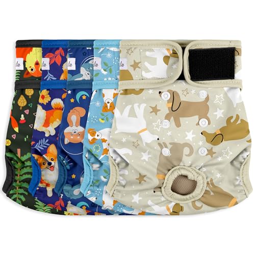 Female Dog Diapers 5Pcs - Premium Reusable Diapers for Doggie in Heat - Highly Absorbent Dog Diapers Female for Pet Incontinence with Adjustable Snaps, M - color: Cute Dog Pattern, size: Medium