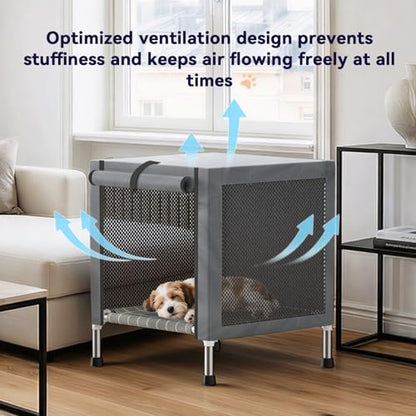 Small Stainless Steel Elevated Dog Crate with Cover, 2-in-1 Indoor & Outdoor Raised Pet House, Rust-Proof Dog Kennel with Silicone Anti-Slip Feet, Tool-Free Assembly - size: 20.0"L x 20.0"W x 24.0"H