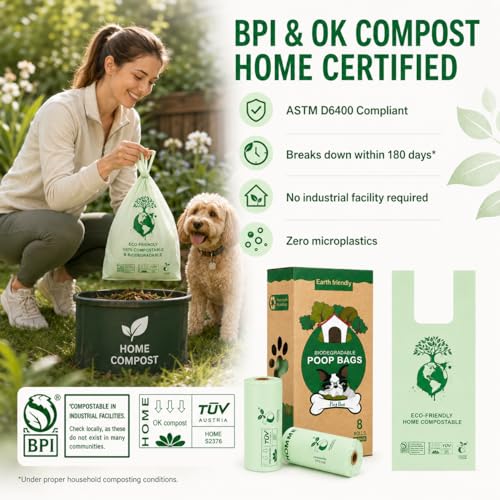 Home Compostable Dog Poop Bags, BPI & OK Compost HOME Certified | 0.6 Gallon, Thick Gusseted Unscented, 80ct, LeakProof T-Shirt Handles for Easy Knotting, Suitable for Small Medium Large Dogs
