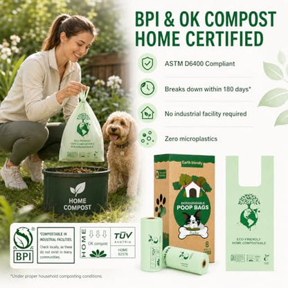 Home Compostable Dog Poop Bags, BPI & OK Compost HOME Certified | 0.6 Gallon, Thick Gusseted Unscented, 80ct, LeakProof T-Shirt Handles for Easy Knotting, Suitable for Small Medium Large Dogs