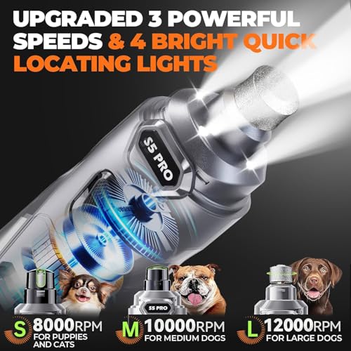 Whisper Quiet Dog Nail Grinder with 4 LED Lights, Safe & Stress-Free for Sensitive Dogs Cats of All Breeds & Sizes, 3 Grinding Bits, 3-Speed, Pet Nail Trimmers, Rechargeable Painless Grooming Kit Grey - color: Grey