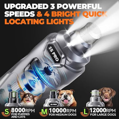 Whisper Quiet Dog Nail Grinder with 4 LED Lights, Safe & Stress-Free for Sensitive Dogs Cats of All Breeds & Sizes, 3 Grinding Bits, 3-Speed, Pet Nail Trimmers, Rechargeable Painless Grooming Kit Grey - color: Grey