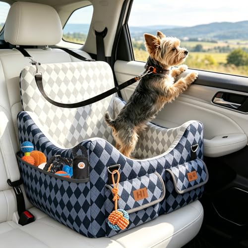 Dog Car Seat for Small/Medium Dogs up to 35lbs, 4-Pocket Storage Memory Foam Dog Booster Seat, Detachable Washable Pet Car Seat with Safety Belt, Outdoor & Indoor Use (Blue/Grey)