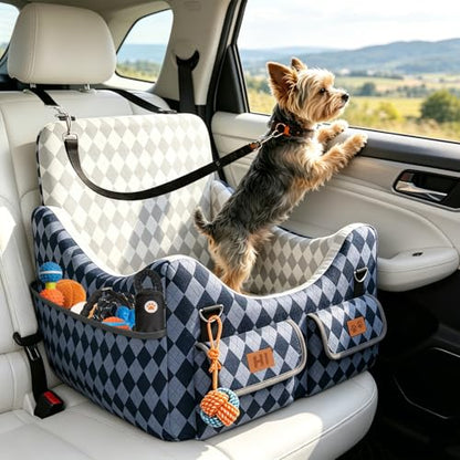 Dog Car Seat for Small/Medium Dogs up to 35lbs, 4-Pocket Storage Memory Foam Dog Booster Seat, Detachable Washable Pet Car Seat with Safety Belt, Outdoor & Indoor Use (Blue/Grey)