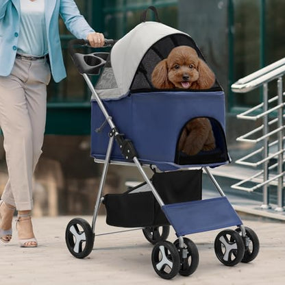 Magshion Foldable Pet Stroller, 3-in-1 Dog Travel Jogger with Detachable Carrier, Cup Holder, Storage Basket, Folding Carrier for Small/Medium Dogs & Cats Up to 33 lbs, Navy Blue - color: Navy Blue, style: Up to 33 lbs