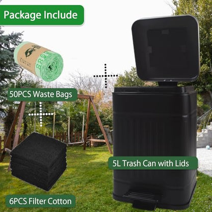 5L Dog Poop Trash Can with Lid for Outdoors，1.3 Gallon Trash Can with Activated Carbon Filter & Plastic Bags, Pet Waste Container，UP5L-BK-Fang