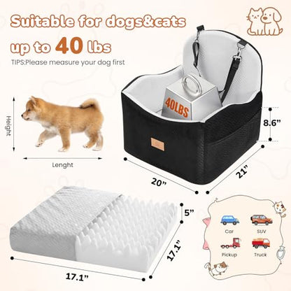Dog Car Seat for Medium/Small Dogs, Dog Booster Car Seat, Pet Booster Seats Up to 40lbs with Waterproof Layer, 3 Storage Pockets and Safety Belt (Black/Grey) - color: Black/Grey