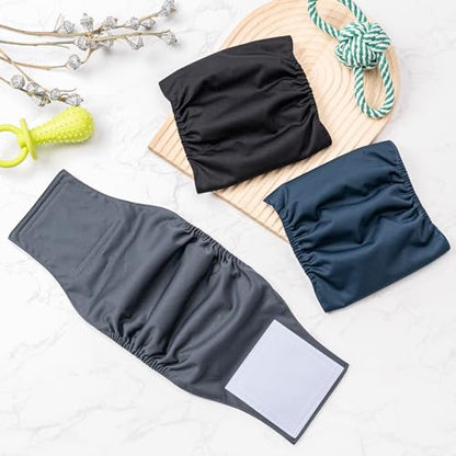 1 Pack 3 Reusable Dog Diapers Washable Male Belly Bands for Dogs, High Absorbing Male Dog Doggie Puppy Wraps (Large, Black Navy Charcoal) - size: Large
