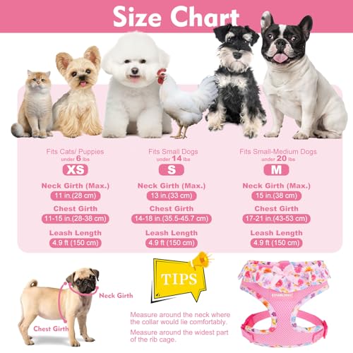 EXPAWLORER 귀여운 강아지 하네스 칼라 목줄 세트 - 핑크 여아용 강아지 하네스 체크 무늬 스텝인 디자인, 조절 가능한 목 졸림 없는 경량 메시 조끼 고양이 강아지 소형견용, 꽃 XS - color: 핑크 플로럴., size: XS