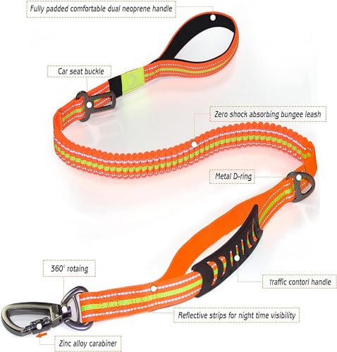 No-Pull Shock Absorbing Bungee Leash for Large Dogs, 4-6 FT Heavy Duty Dog Leash with Traffic Handle & Seat Belt Buckle, Reflective, Up to 150 Lbs - color: Orange