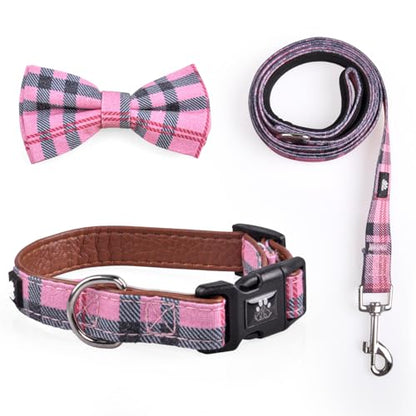 IVY&LANE Dog Collar with Bowtie and Leash Set | Plaid Adjustable Dog Collar | Detachable Bow Tie |5 FT Dog Leash | for Small Medium Large Dogs | Checkered Pink | Small - color: Checkered Pink, size: S