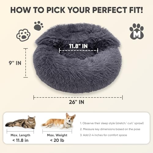 Himax Medium Dog Bed, Round Dogs Beds with Blanket Attached, Comfort Fluffy Calming Dog Bed Washable (20"/26"/35") Deep Grey - color: Grey, size: 26.0"L x 26.0"W x 9.0"Th