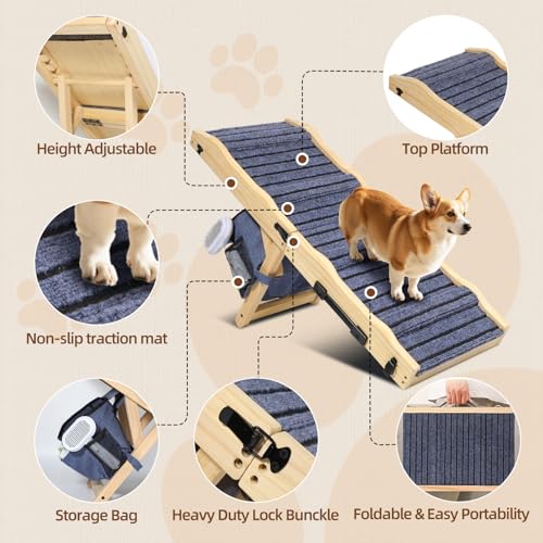 2026 Upgraded Dog Ramp for Couch & Low Bed, 33" L Folding Wood Pet Ramp 200LB Capacity, 4-Level Adjustable Height 11"-20", Non-Slip Sturdy Puppy Ramp for Small & Senior Dogs, Joint Relief, Wavy Design - color: 33"l Small