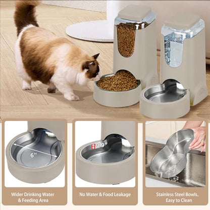 2 Pack Automatic Cat Feeder and Stainless Steel Water Dispenser, Gravity Dog Waterer Set Food Feeder and Waterer Set for Small Medium Kitten Puppy Pets(1 Gallon x 2, Brown) - color: 1 Gallon x 2 - Brown