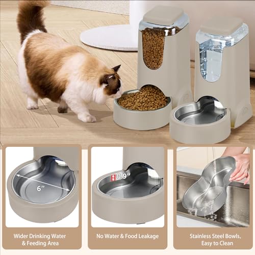 2 Pack Automatic Cat Feeder and Stainless Steel Water Dispenser, Gravity Dog Waterer Set Food Feeder and Waterer Set for Small Medium Kitten Puppy Pets(1 Gallon x 2, Brown) - color: 1 Gallon x 2 - Brown