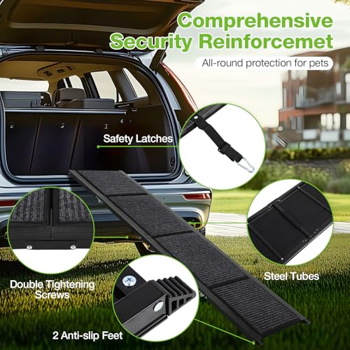 FAHKNS Dog Ramp for Car, 71" x 17" Extra Long Wide Folding Pet Ramp, Non-Slip Rug Surface, Aluminum, Black, Up to 300 LBS - size: Upgraded 71" L x 17.3" W