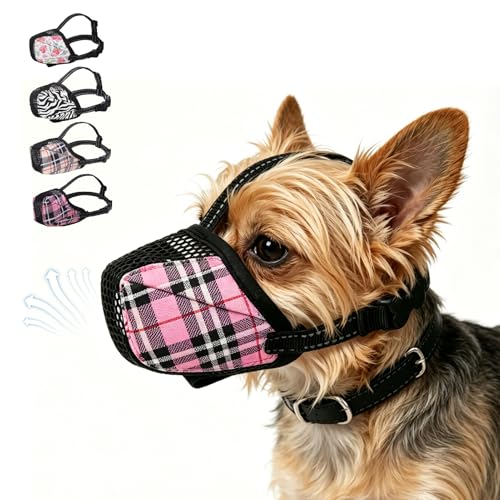 KOOLTAIL Dog Muzzle, Soft Muzzle for Small Medium Large Sized Dogs to Anti & Prevent Barking Grooming Biting, Reflective Adjustable Air Mesh Basket Muzzles, Allows Panting and Drinking, Pink Plaid S - color: Pink Plaid, size: Small