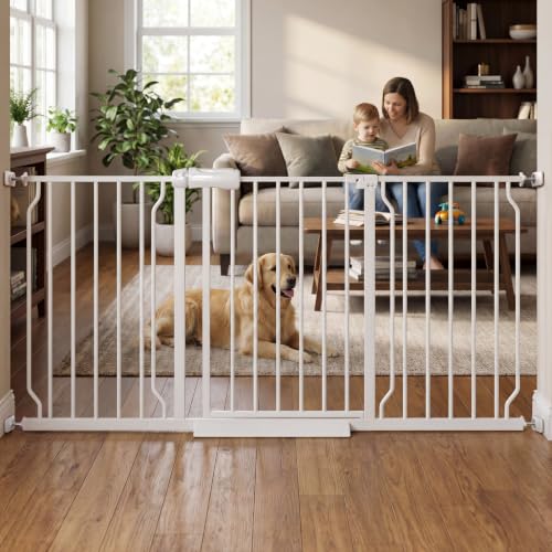 57.5"-62.2" Extra Wide Auto Closing Baby Safety Gate for Stairs & Doorways, Pressure Mounted No Drill Pet Gate with Walk-Through Door - Heavy Duty Childproof Gate for Toddlers, Kids, Dogs - color: White, size: 57.5"-62.2"