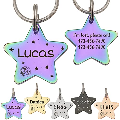 Anavia Starry Sky Theme Pet ID Tags in Half Moon & Star Shape, Personalized Dog Name Tag Cat Tag, Glossy Stainless Steel Gold Plated Black Rainbow Dog Collar Tag (Medium, Star Shape, Rainbow) - color: Rainbow, size: Medium, style: Star Shape