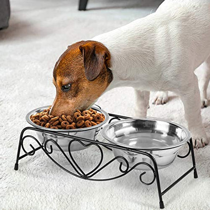Raised Dog Bowls, Stainless Steel Double Pet Food Feeder Cat Water Dispenser Dish Bowls with Retro Iron Stand for Small or Medium Dogs Cats Puppy