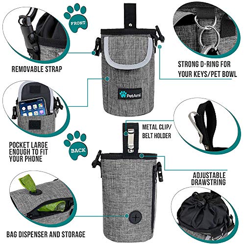 PetAmi Dog Treat Pouch, Large 3-Cup Dog Training Treat Bag with Poop Bag Dispenser, Hands-Free Waist Belt & Crossbody Strap, Reflective with Multiple Pockets & Belt Clip (Heather Grey) - color: Heather Grey