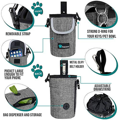 PetAmi Dog Treat Pouch, Large 3-Cup Dog Training Treat Bag with Poop Bag Dispenser, Hands-Free Waist Belt & Crossbody Strap, Reflective with Multiple Pockets & Belt Clip (Heather Grey) - color: Heather Grey