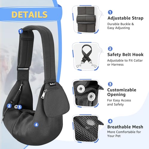 SlowTon Dog Carrier Sling - Thick Padded Shoulder Strap Adjustable Dog Carriers for Small Dogs, Puppy Carrier Purse for Pet Cat with Front Zipper Pocket Safety Belt Machine Washable (Grey Mesh M) - color: B-Dark Grey Breathable Fabric