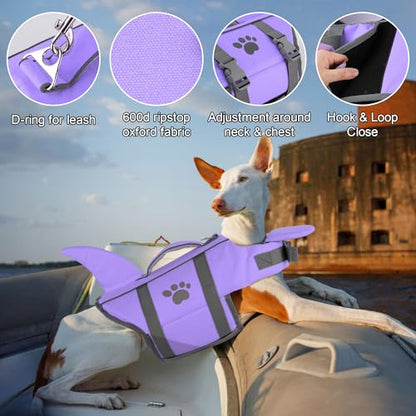 Dogcheer Shark Fin Dog Life Jacket, High Buoyancy Dog Life Vest with Chin Float for Swimming Boating, Adjustable Puppy Float Swim Vest for Small Medium Large Dogs -Taro Purple,XS