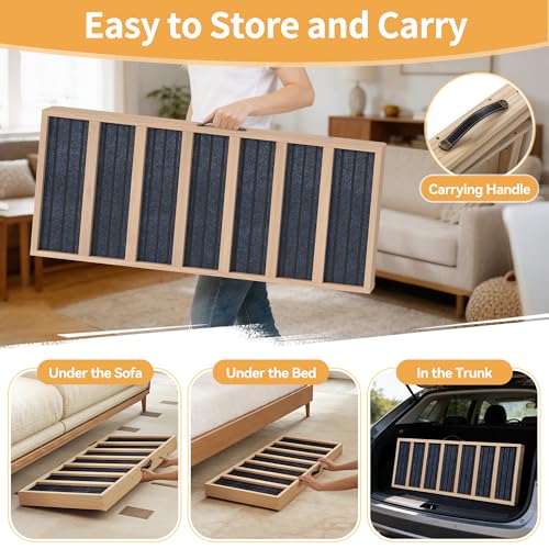 Adjustable Wooden Dog Ramp for Bed and Couch - 39" Folding Pet Ramp with 4 Heights and Non-Slip Safety Rails for 132lbs Small, Medium, and Senior Dogs - size: 39"L